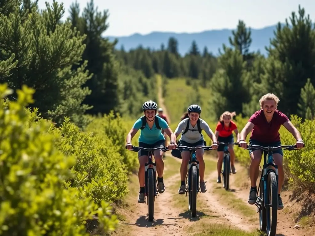 A vibrant image of participants enjoying a mountain biking trail surrounded by lush greenery, with smiling faces and active movement.