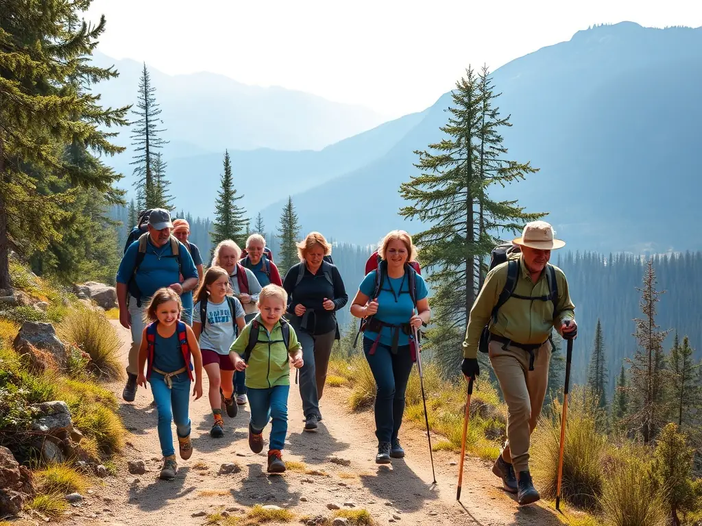 A group of hikers traversing a scenic mountain trail, with diverse age groups and fitness levels, showcasing the inclusivity of the hiking program.