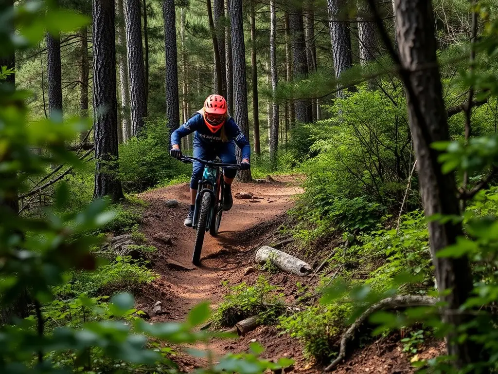 A group of mountain bikers riding through a lush forest trail, sunlight filtering through the trees, showcasing the thrill and beauty of mountain biking with SAINT-PREUIL V.T.T.