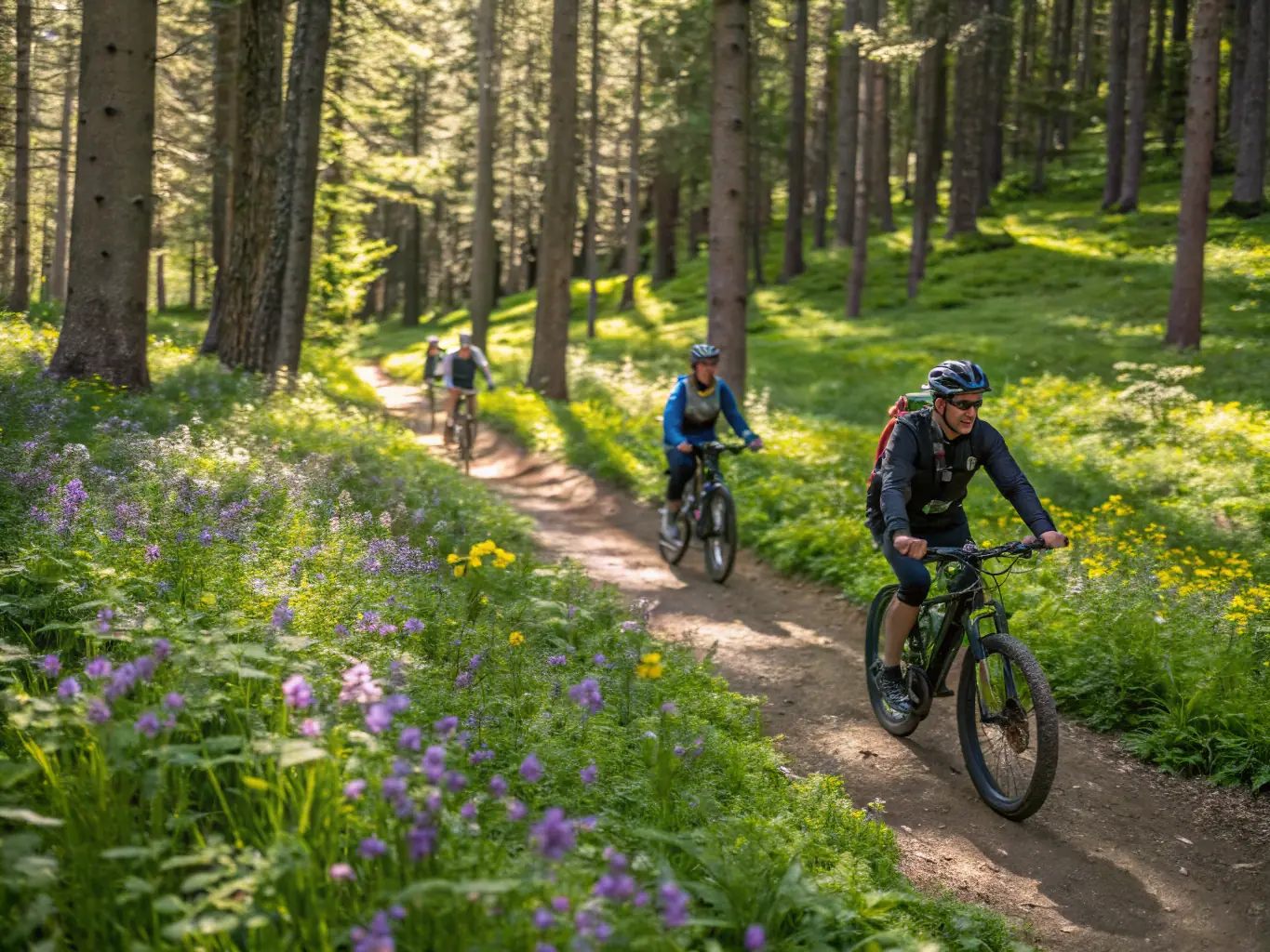 A group of diverse individuals participating in a guided mountain biking tour through a lush forest, showcasing the camaraderie and adventure of the activity. The image should convey a sense of teamwork, excitement, and connection with nature.