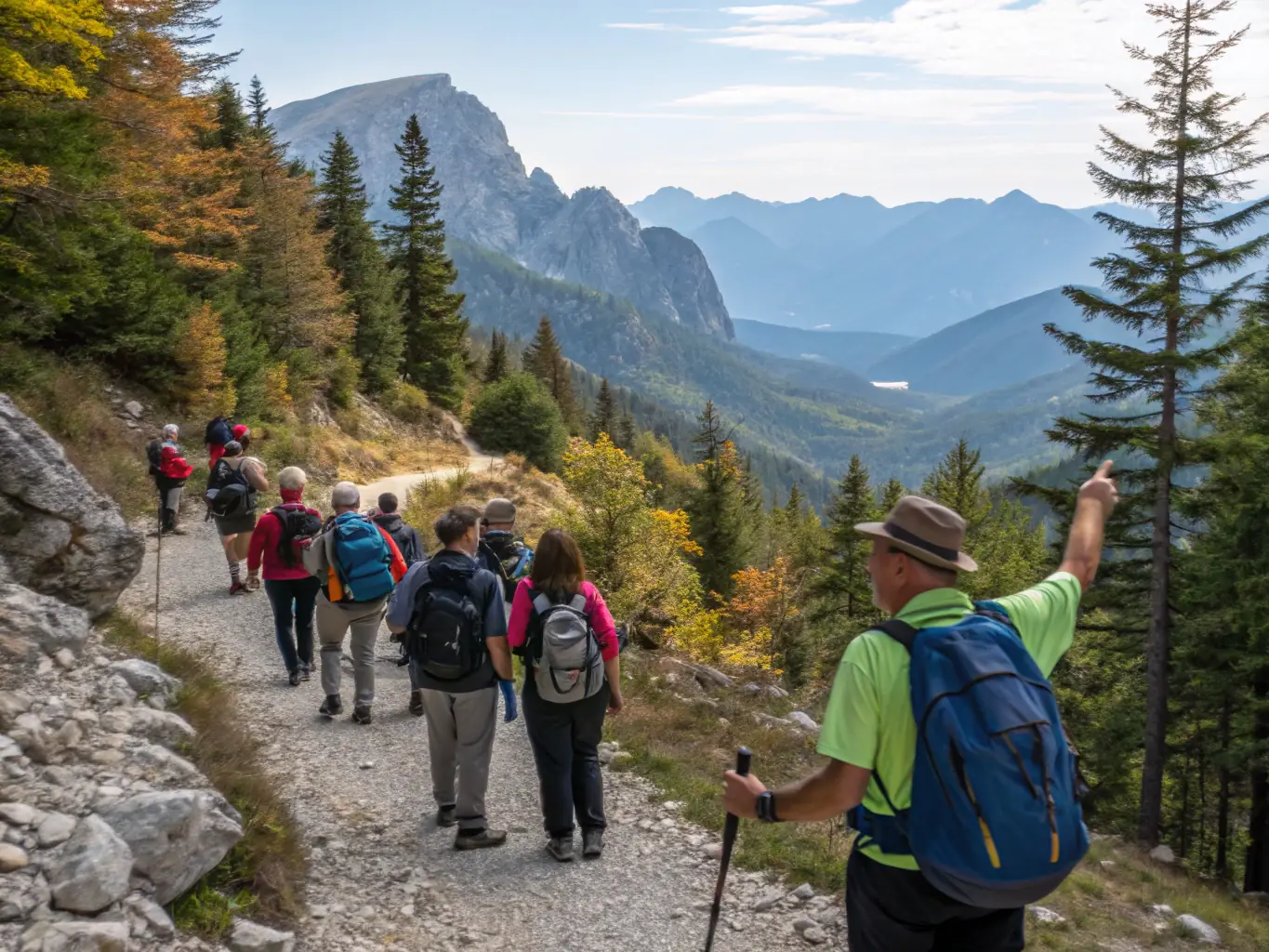A group of hikers ascending a scenic mountain path, with breathtaking views in the background, highlighting the serenity and challenge of hiking with SAINT-PREUIL V.T.T.