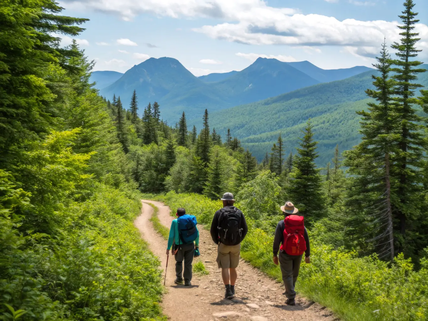 A group of hikers walking along a scenic trail with panoramic views of the surrounding mountains during a SAINT-PREUIL V.T.T. event. The image should evoke a sense of peace and exploration.