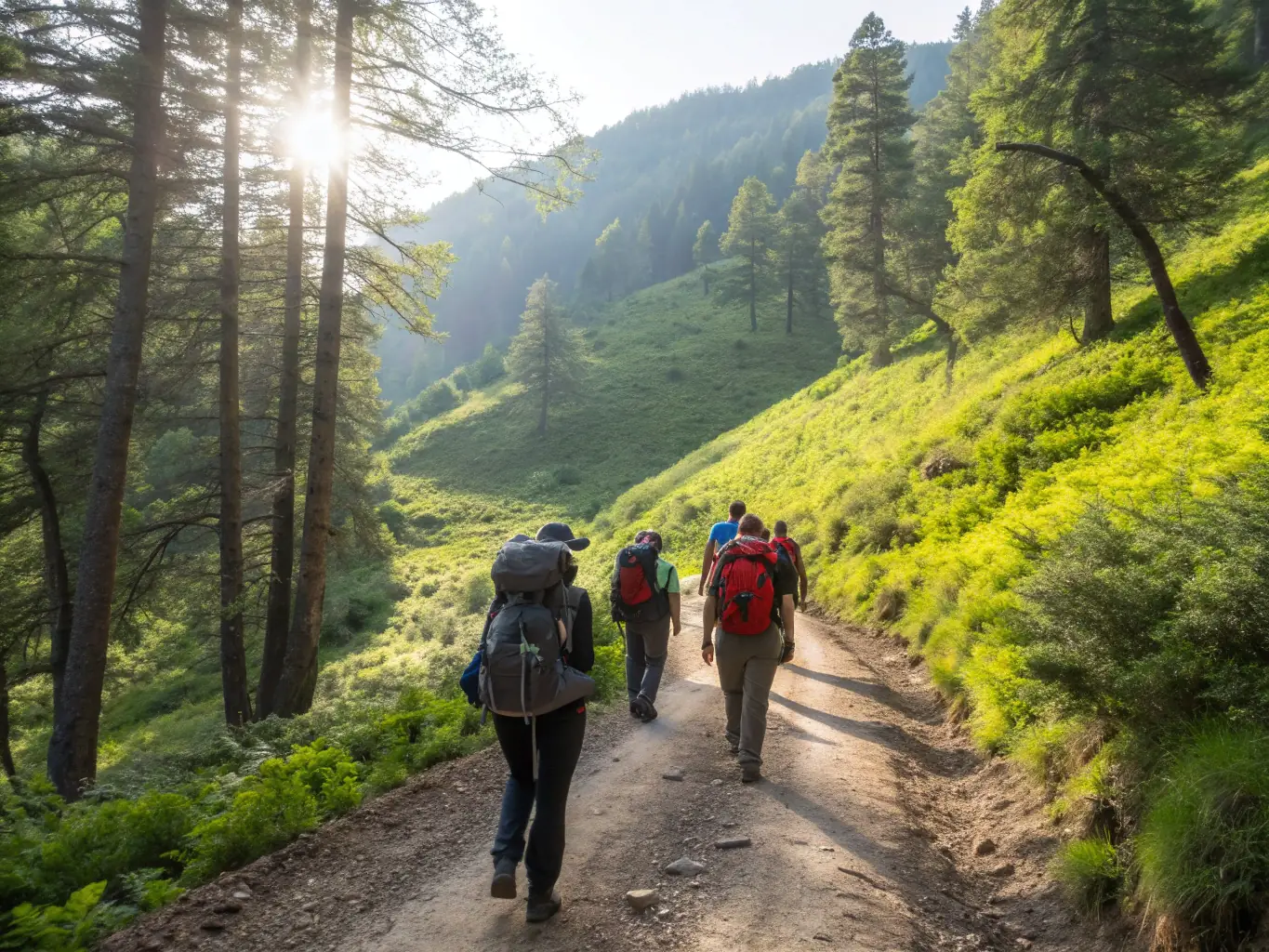 A group of hikers traversing a scenic mountain trail, with a focus on the natural beauty of the landscape and the sense of accomplishment on their faces. The image should evoke feelings of serenity, exploration, and physical well-being.