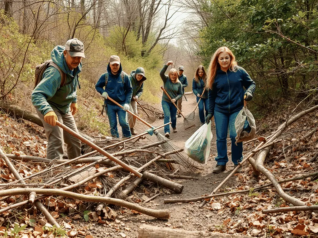 A group of volunteers cleaning up a trail during a SAINT-PREUIL V.T.T. environmental awareness event. The image should highlight the organization's commitment to preserving the natural environment.