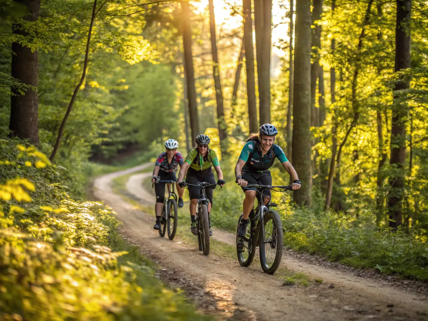 A group of mountain bikers riding uphill on a dirt trail through a lush forest during a SAINT-PREUIL V.T.T. event. The image should convey a sense of adventure and camaraderie.