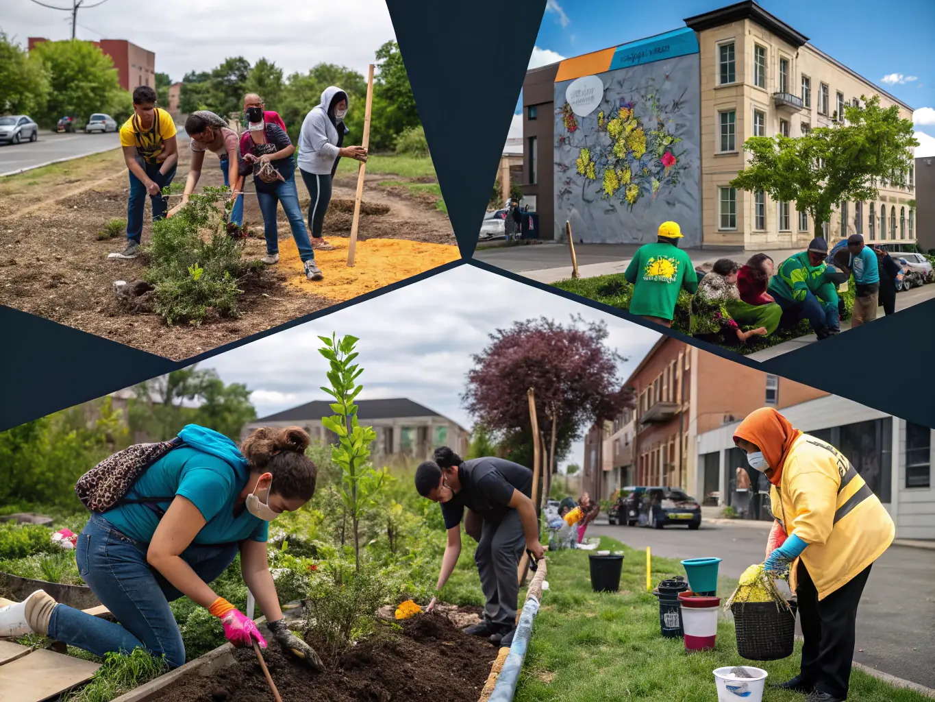 A collage of images showcasing various community engagement activities organized by SAINT-PREUIL V.T.T., including trail maintenance, environmental education workshops, and social gatherings. The collage should highlight the organization's commitment to community involvement and environmental stewardship.
